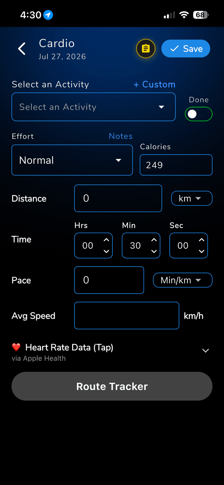 CrossTrainer cardio and run logging screen