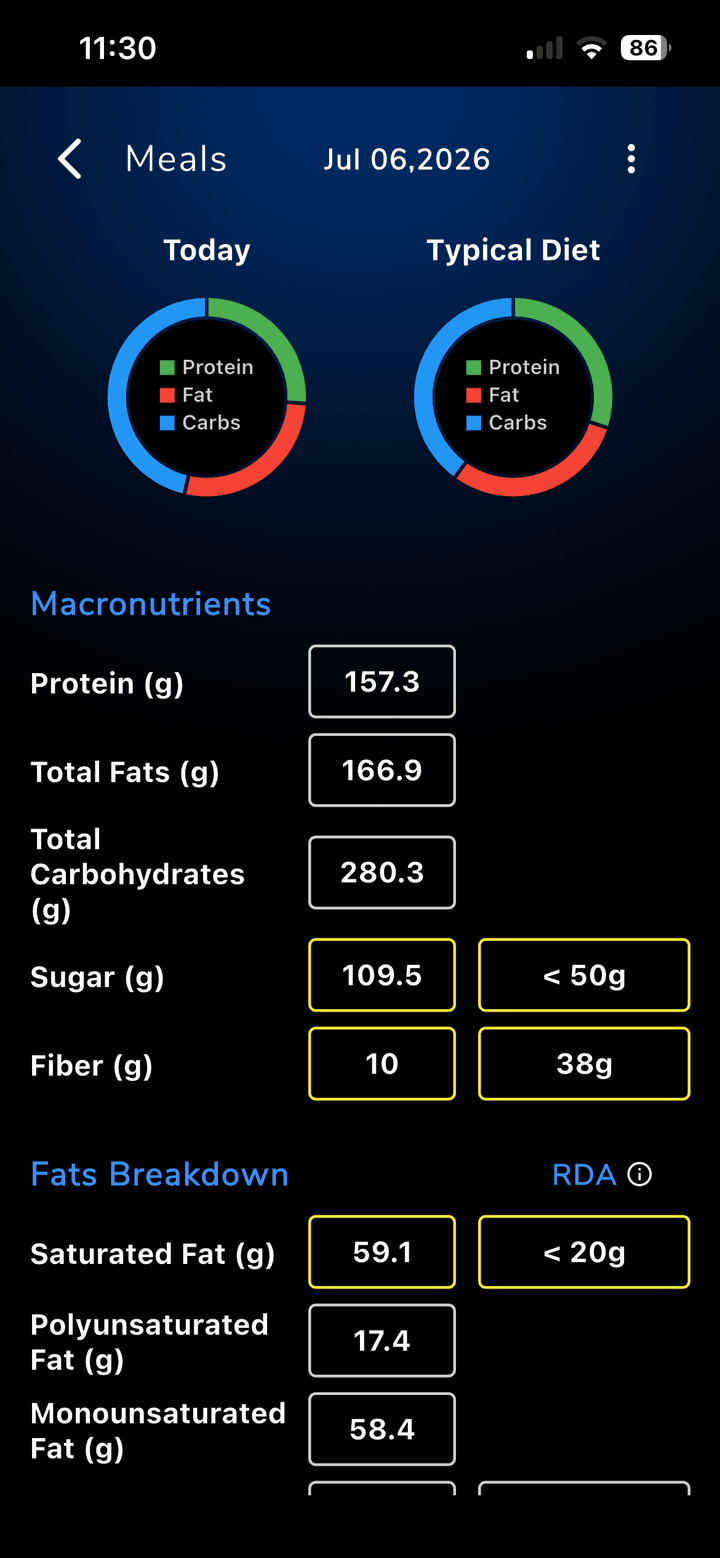 CrossTrainer meal and macro tracking screen