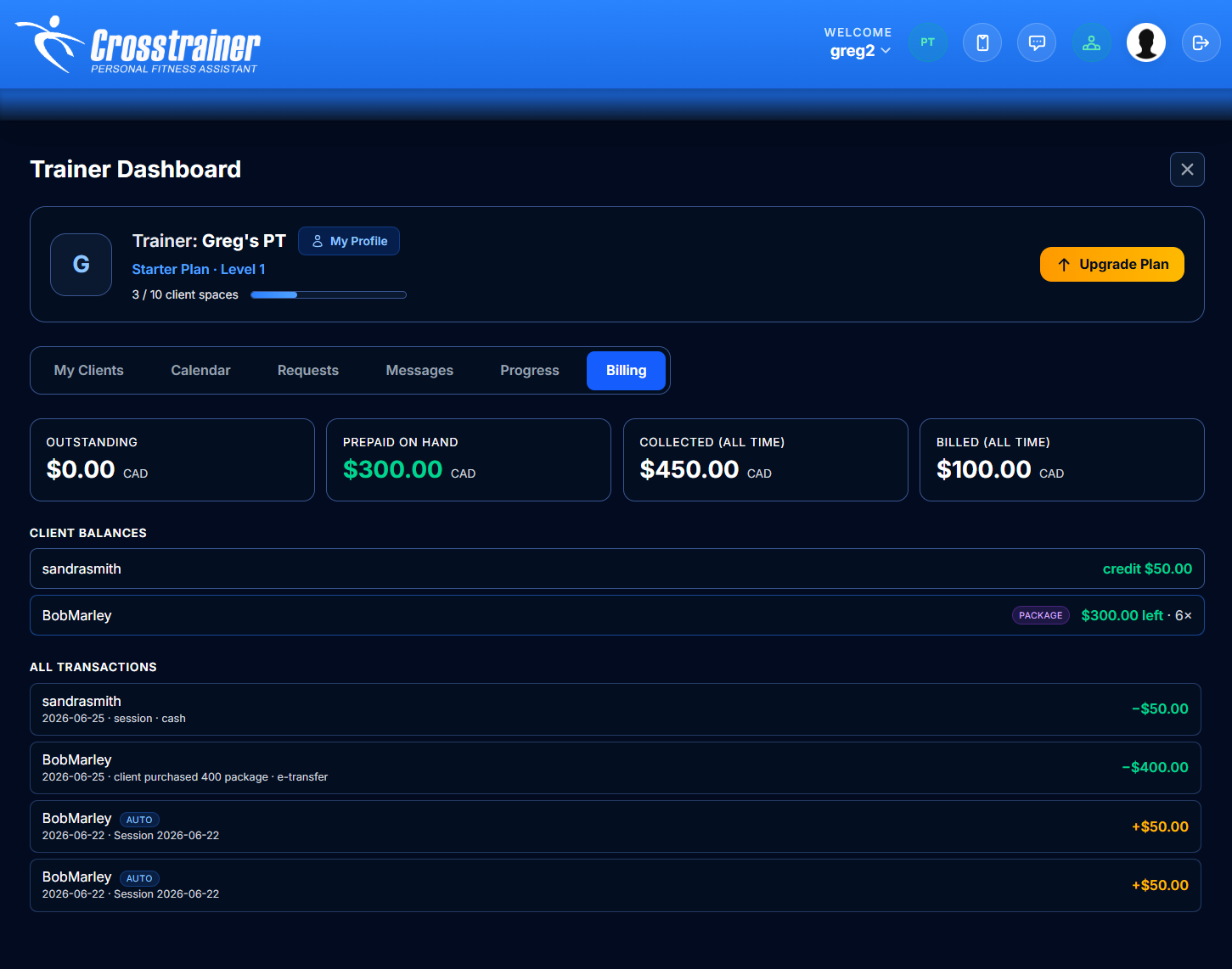 Trainer billing and revenue overview