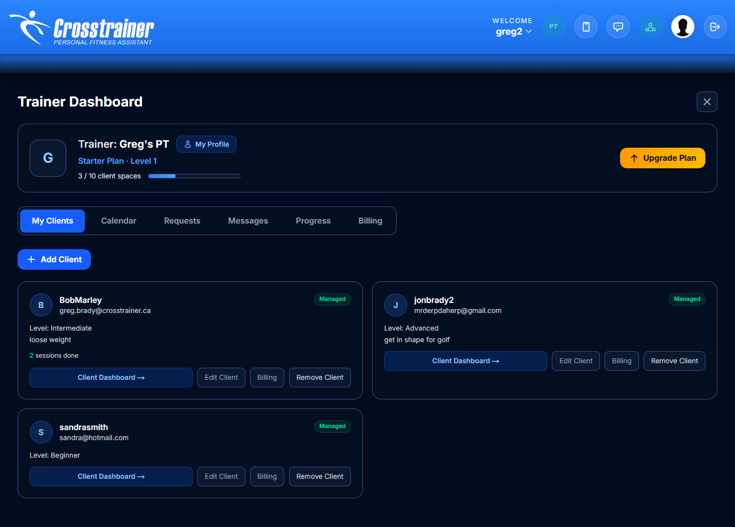 CrossTrainer Web trainer client-management dashboard
