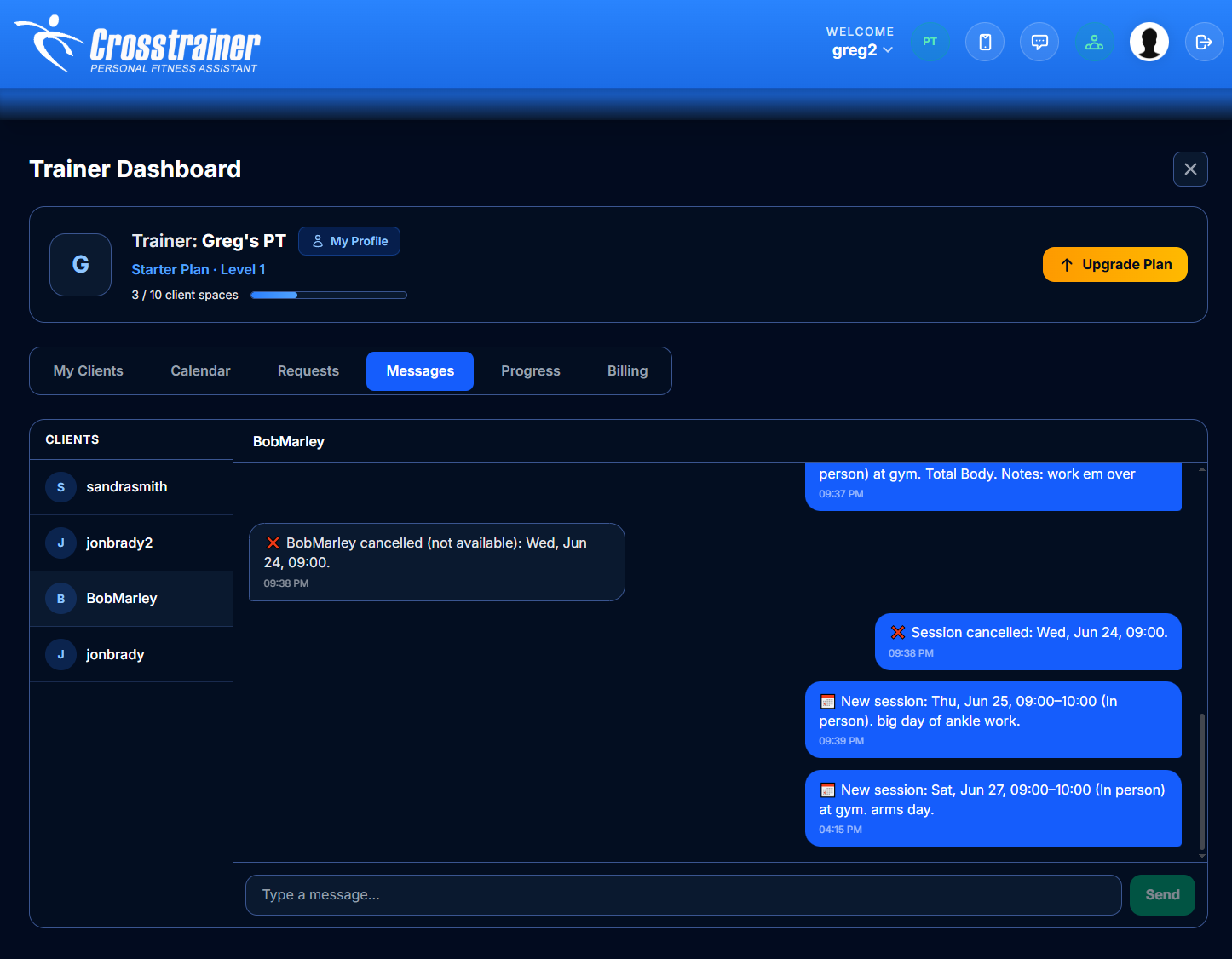 Per-client messaging with automatic session updates