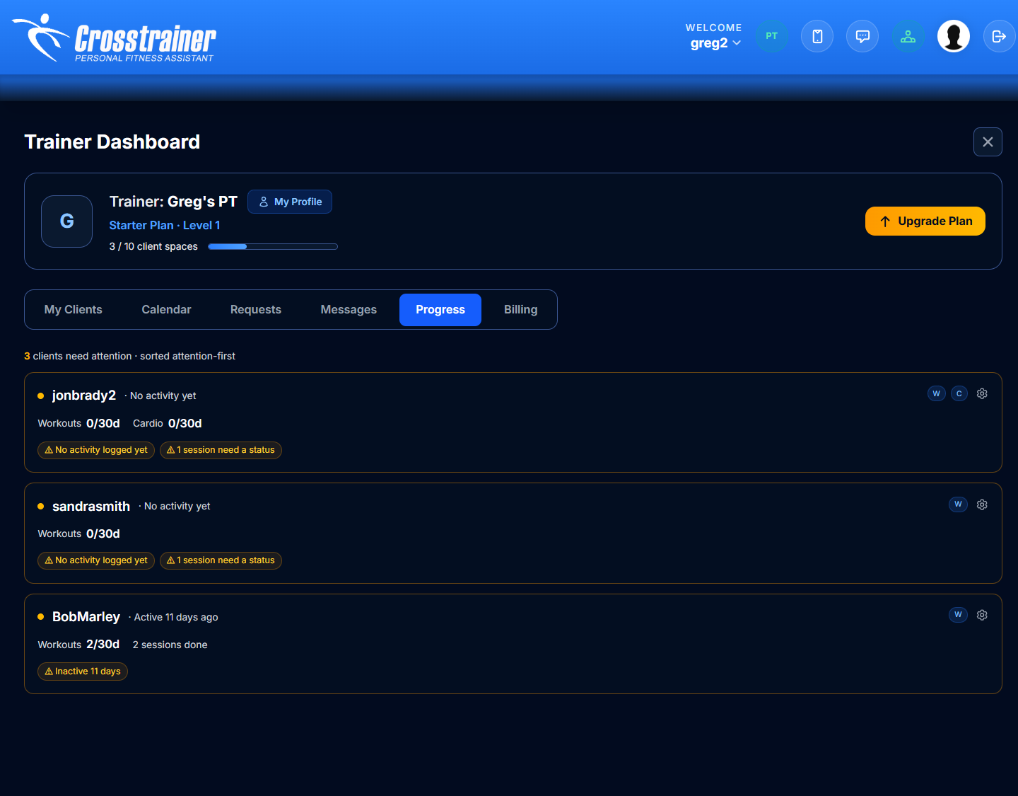 Client progress monitoring, sorted attention-first